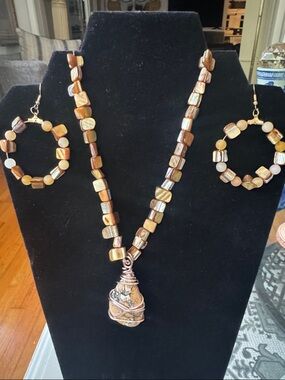 Handcrafted Maligano Jasper and Abalone  Necklace with Matching Hoop Earrings